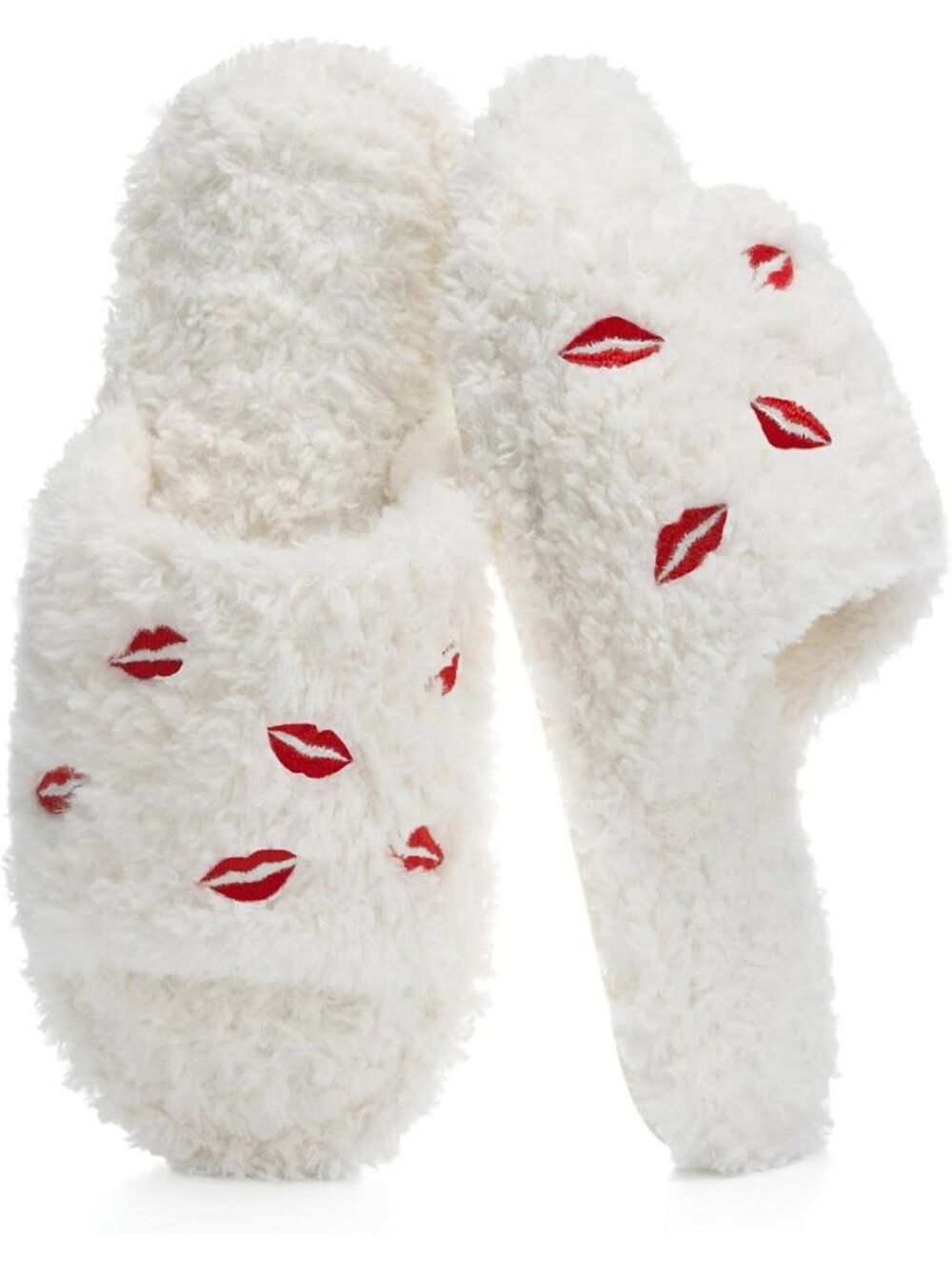 Women's Red Lips Memory Foam Open Toe Soft Faux Fur Non Slip Washable Slippers